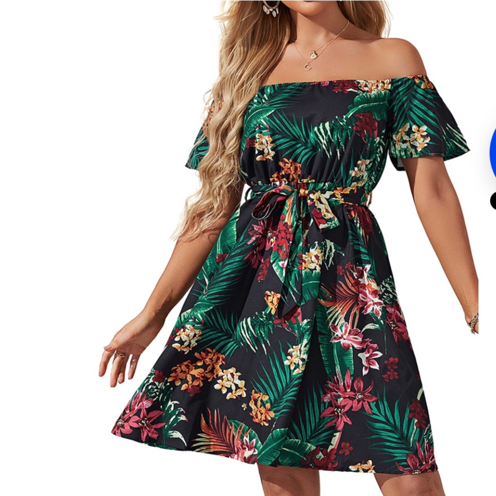 Jeceika Women’s on or off Shoulder Ruffle Floral belted Summer Dress A Line Sz M